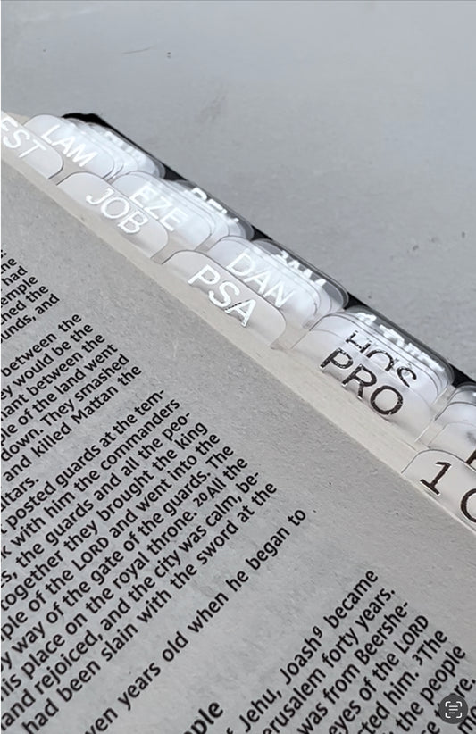 Clear Bible Tabs with Silver Foil text– Elegant, minimalist, 66 Books