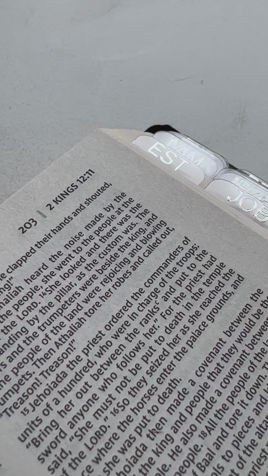 Clear Bible Tabs with Silver Foil text– Elegant, minimalist, 66 Books